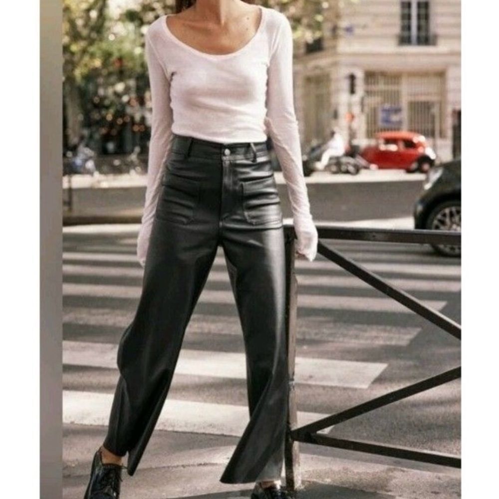 Zara Black faux leather Wide-Leg Pants with Front Pockets